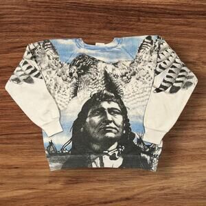 Vintage Native American &  Hawk All Over Print Graphic Sweatshirt L McLane  L
